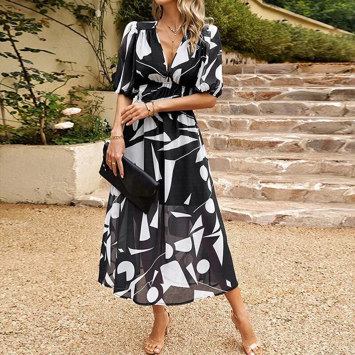 "Women's casual V-neck midi dress in breathable cotton, features short sleeves and a relaxed silhouette for summer comfort."