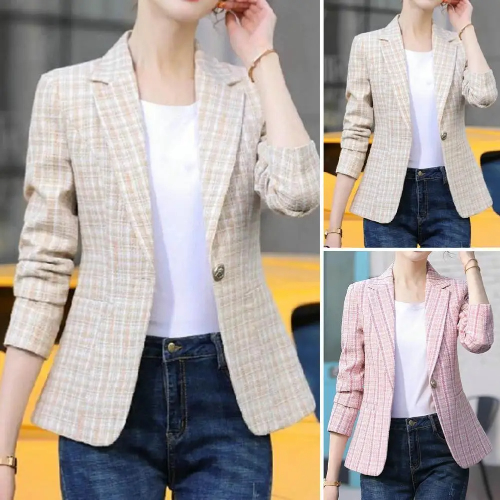 "Women's checkered single-button blazer, elegant tailoring, premium fabric, classic design, versatile for work or casual."