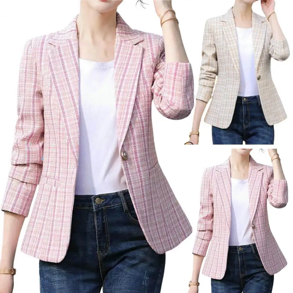 "Women's checkered single-button blazer, elegant tailoring, premium fabric, classic design, versatile for work or casual."