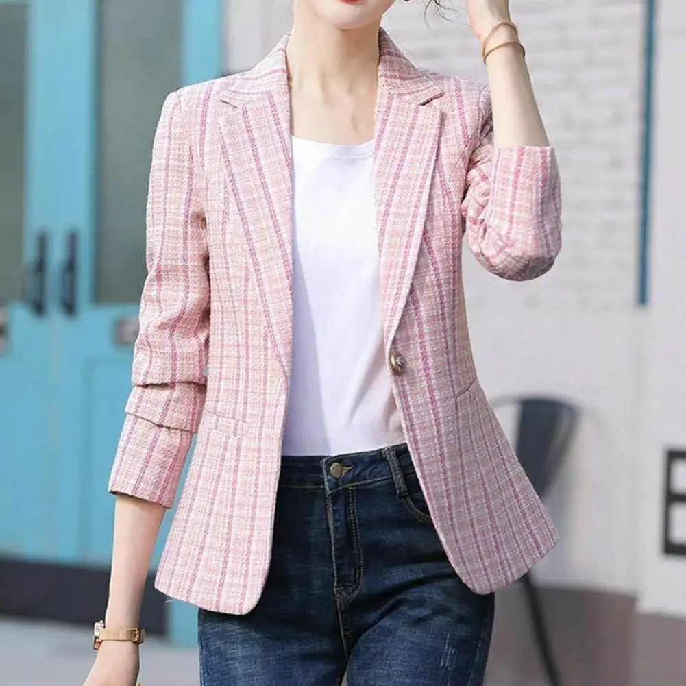 "Women's checkered single-button blazer, elegant tailoring, premium fabric, classic design, versatile for work or casual."