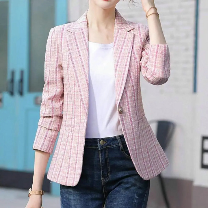 "Women's checkered single-button blazer, elegant tailoring, premium fabric, classic design, versatile for work or casual."