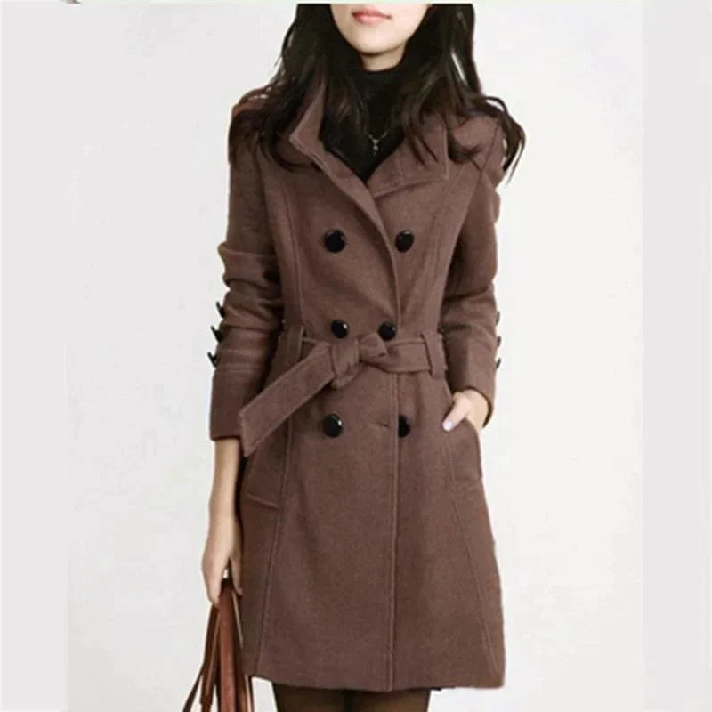 Women's chic long belted coat for autumn, featuring solid color and elegant silhouette, perfect for stylish warmth.