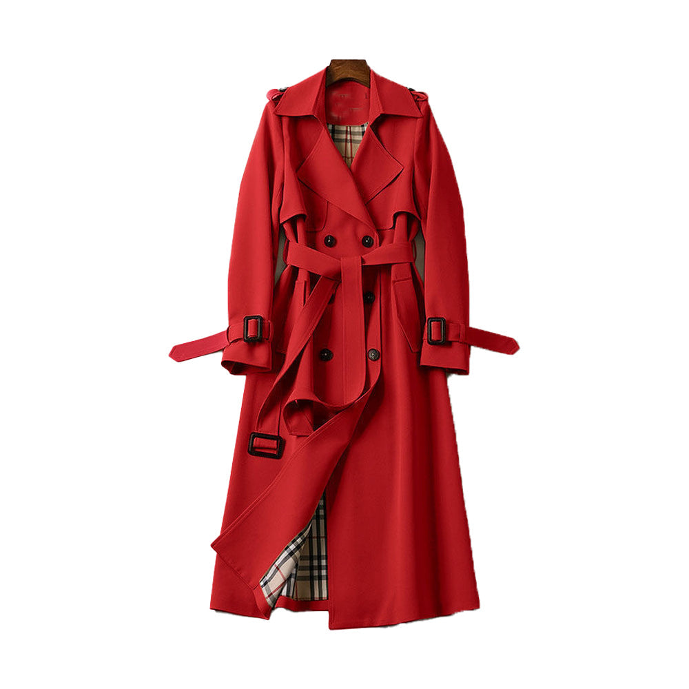 Women's classic double button trench coat with belt, sleek silhouette, double-breasted design, and detachable belt front view