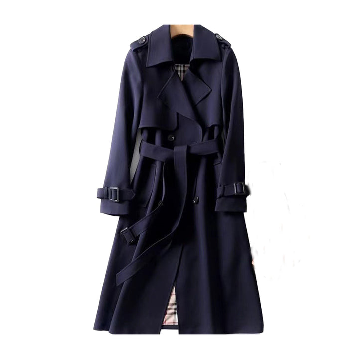 Women's classic double button trench coat with belt, sleek silhouette, double-breasted design, and detachable belt front view