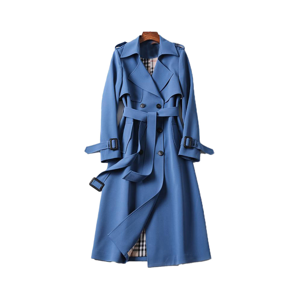 Women's classic double button trench coat with belt, sleek silhouette, double-breasted design, and detachable belt front view