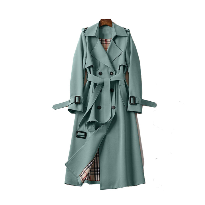 Women's classic double button trench coat with belt, sleek silhouette, double-breasted design, and detachable belt front view