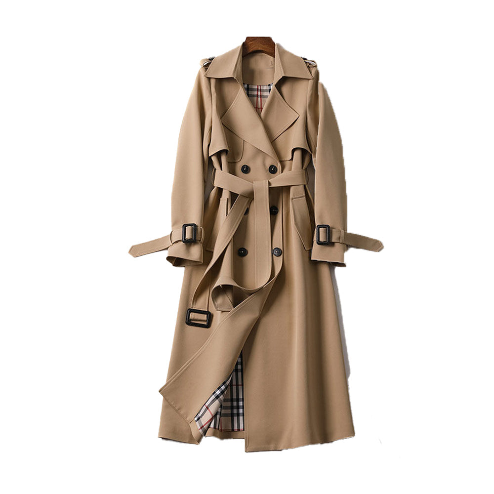 Women's classic double button trench coat with belt, sleek silhouette, double-breasted design, and detachable belt front view
