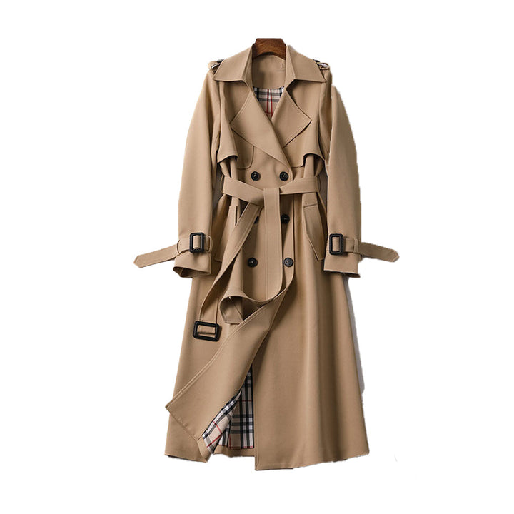 Women's classic double button trench coat with belt, sleek silhouette, double-breasted design, and detachable belt front view