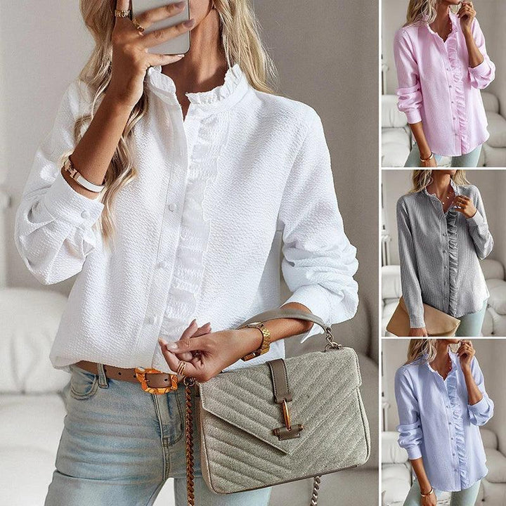 Women's clover long-sleeve blouse with ruffled design, elegant and versatile top for casual or formal occasions.