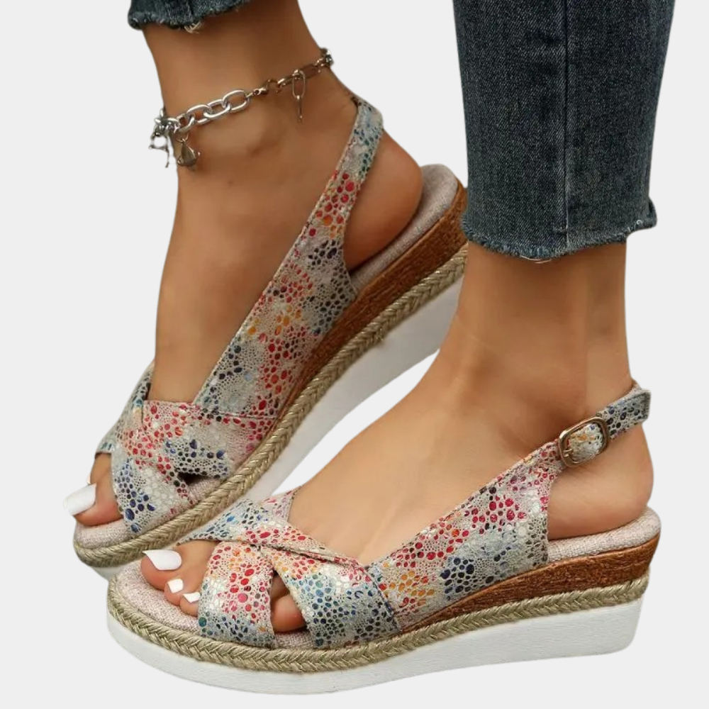 Women's cotton espadrille flats with multicolor pattern, breathable upper, and durable sole for comfort and style.
