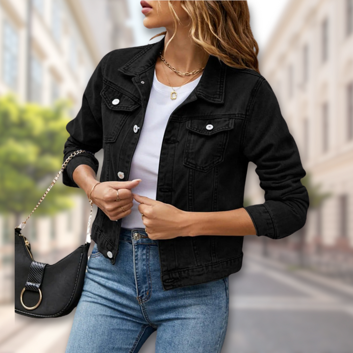 "Women's denim jacket with button-up front, available in multiple colors, adds chic style for all-season versatility."
