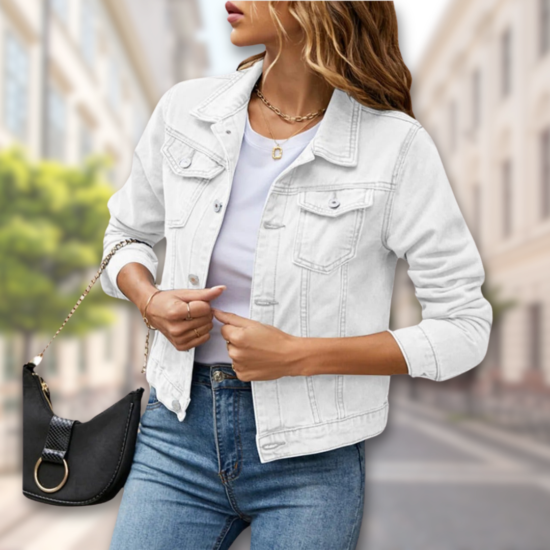 "Women's denim jacket with button-up front, available in multiple colors, adds chic style for all-season versatility."