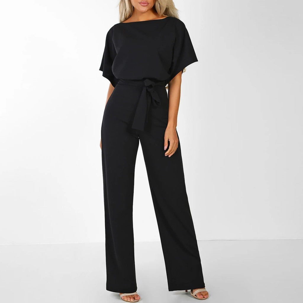 "Women's elegant belted jumpsuit, available in beige, black, blue. Features sleek design, versatile for any occasion."