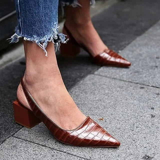 "Women's elegant croco heels, supportive design, pointed toes, mid-chunky heels, stylish croco finish, cushioned sole"