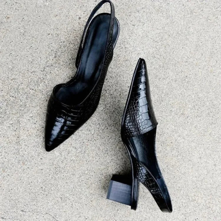 "Women's elegant croco heels, supportive design, pointed toes, mid-chunky heels, stylish croco finish, cushioned sole"