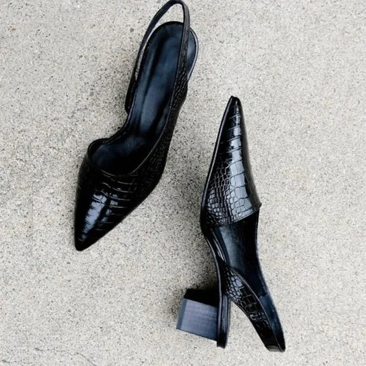 "Women's elegant croco heels, supportive design, pointed toes, mid-chunky heels, stylish croco finish, cushioned sole"