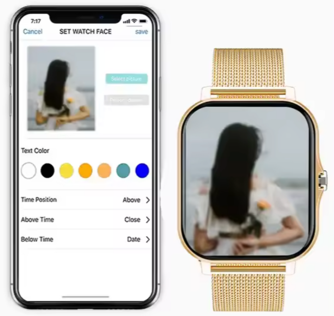 Women's elegant fitness tracker smartwatch, slim and stylish, displaying wellness features on a sleek touch screen.