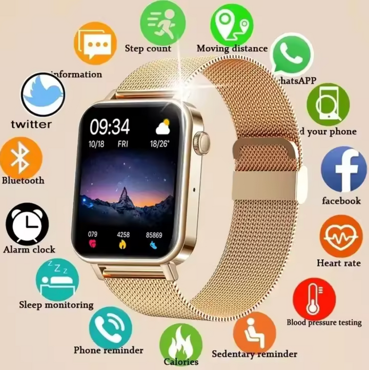 Women's elegant fitness tracker smartwatch, slim and stylish, displaying wellness features on a sleek touch screen.
