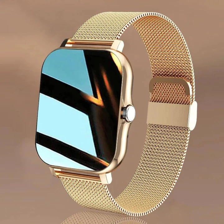 Women's elegant fitness tracker smartwatch, slim and stylish, displaying wellness features on a sleek touch screen.