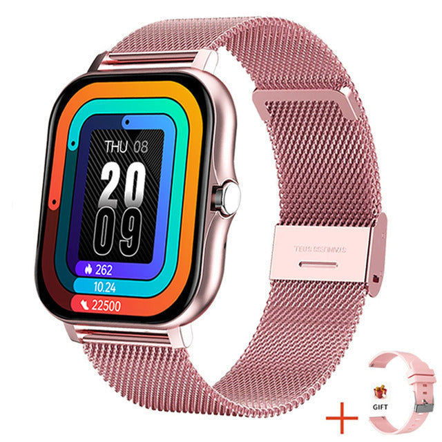 Women's elegant fitness tracker smartwatch, slim and stylish, displaying wellness features on a sleek touch screen.