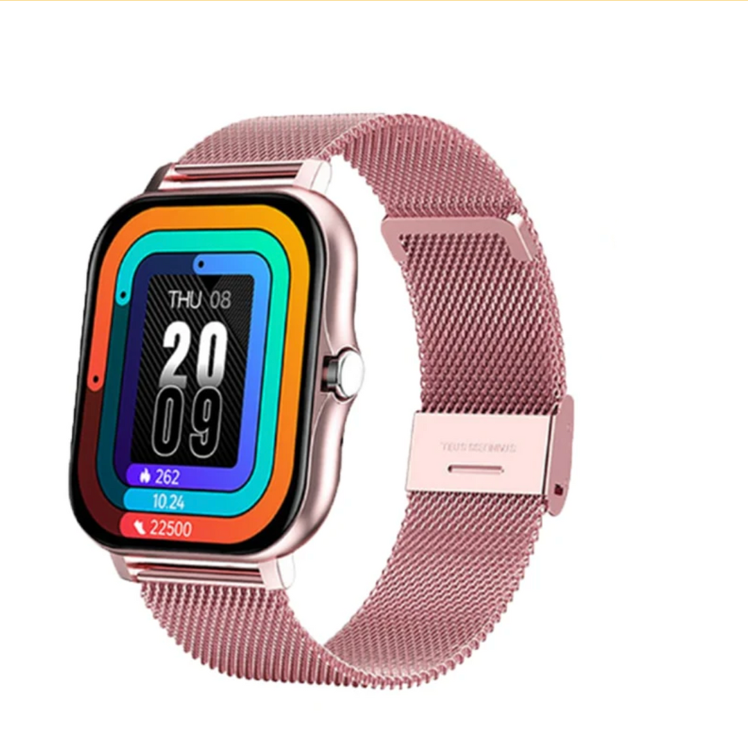 Women's elegant fitness tracker smartwatch, slim and stylish, displaying wellness features on a sleek touch screen.