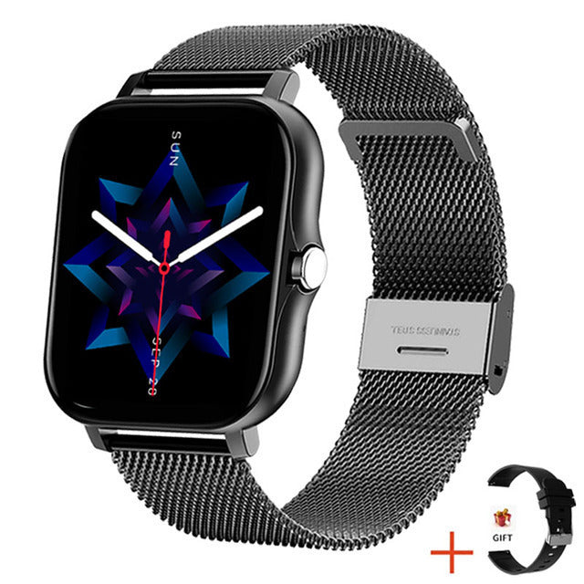 Women's elegant fitness tracker smartwatch, slim and stylish, displaying wellness features on a sleek touch screen.