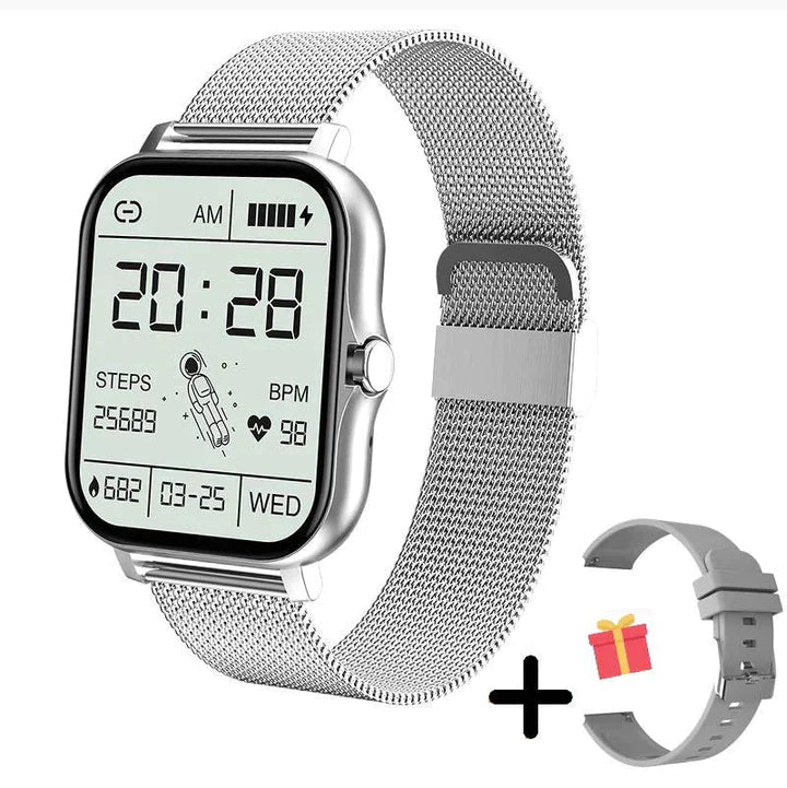 Women's elegant fitness tracker smartwatch, slim and stylish, displaying wellness features on a sleek touch screen.