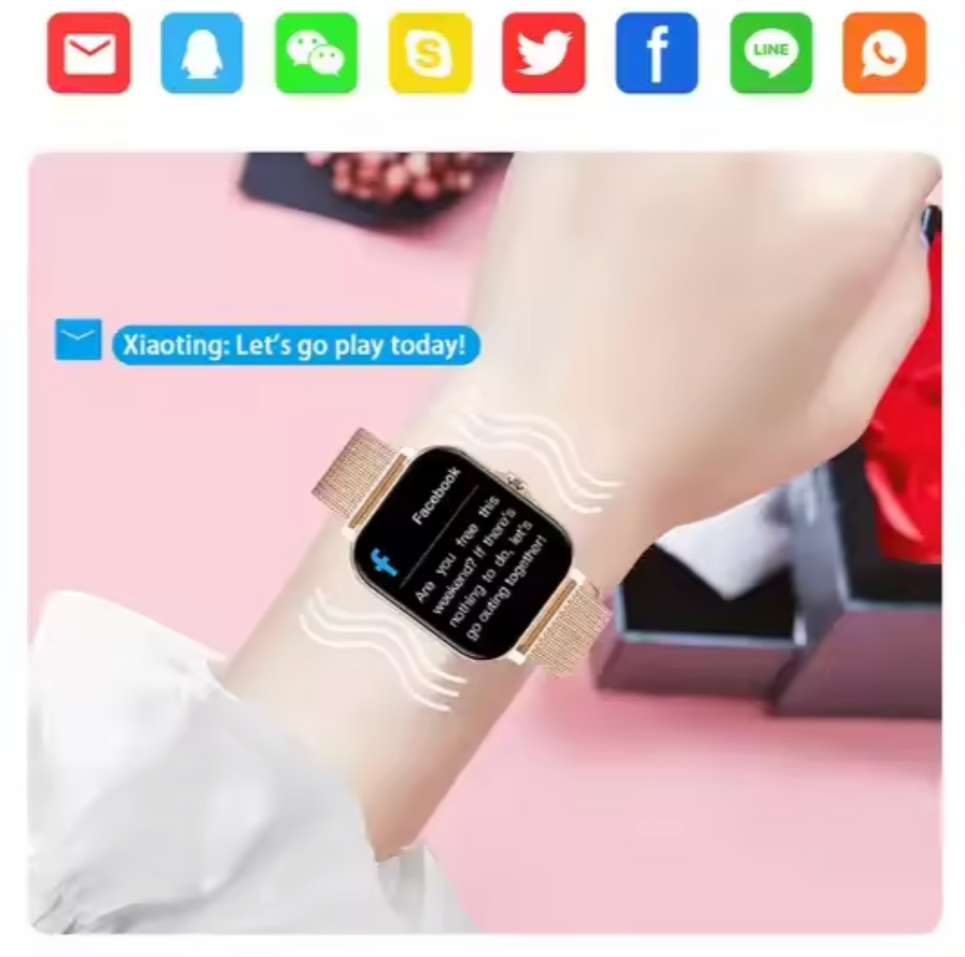 Women's elegant fitness tracker smartwatch, slim and stylish, displaying wellness features on a sleek touch screen.