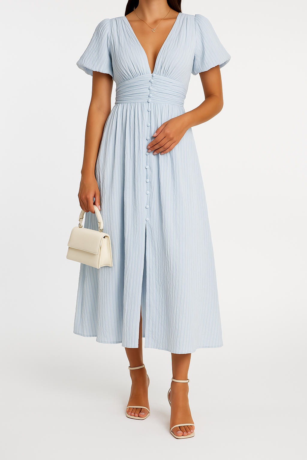 Women's elegant flowy maxi dress with button-front, showcasing a graceful silhouette ideal for versatile fashion wear.