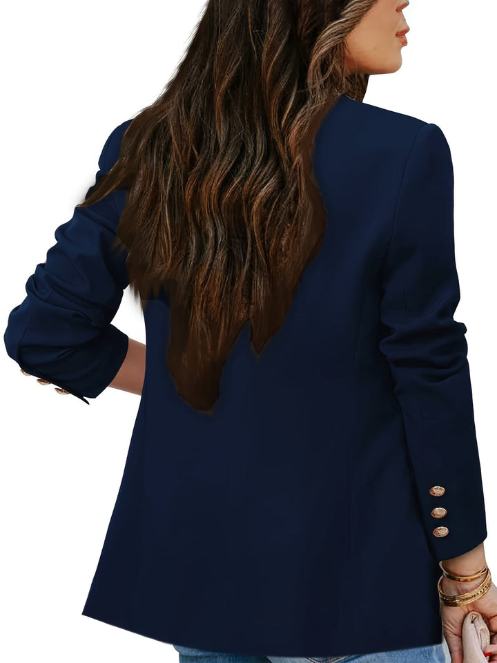 Women's elegant long double-breasted blazer, tailored fit, all-season wear, chic office attire, solid color, professional loo