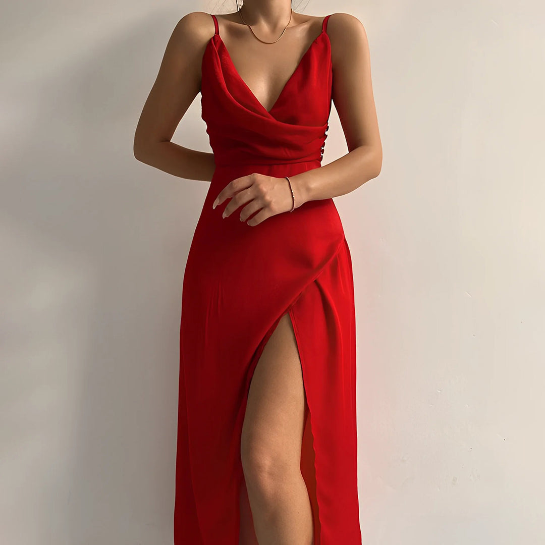 "Women's elegant long dress, plunging neckline, sleek silhouette, perfect for formal events or evening outings."