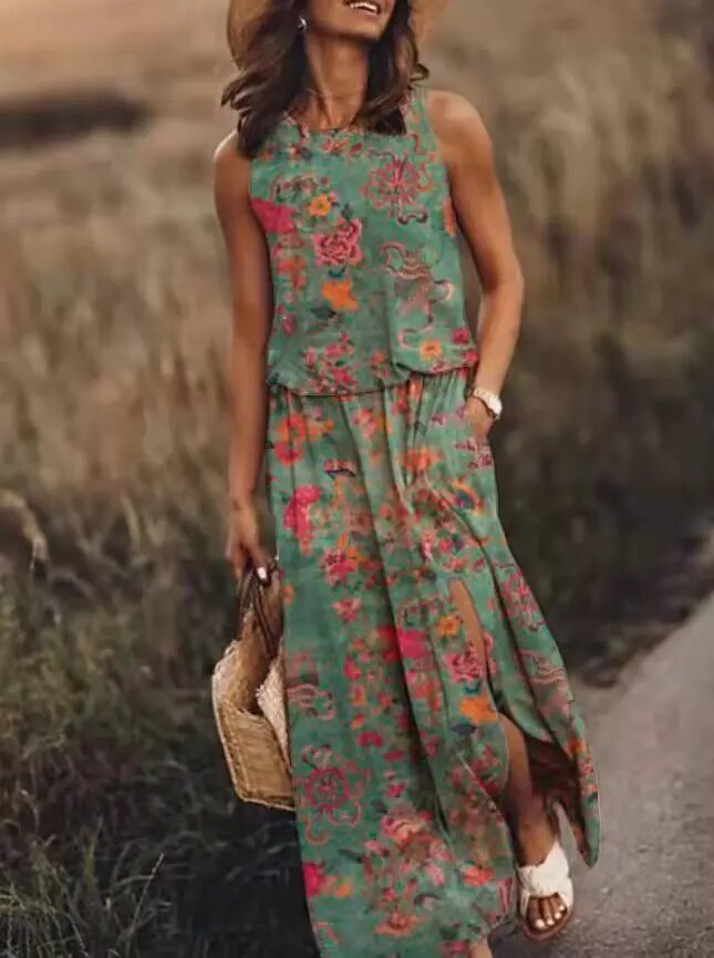 Women's elegant sleeveless maxi dress front view; flowing design, flattering silhouette; perfect for any occasion.