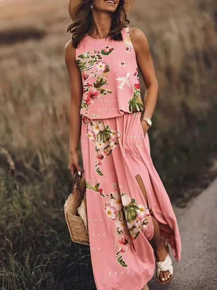 Women's elegant sleeveless maxi dress front view; flowing design, flattering silhouette; perfect for any occasion.