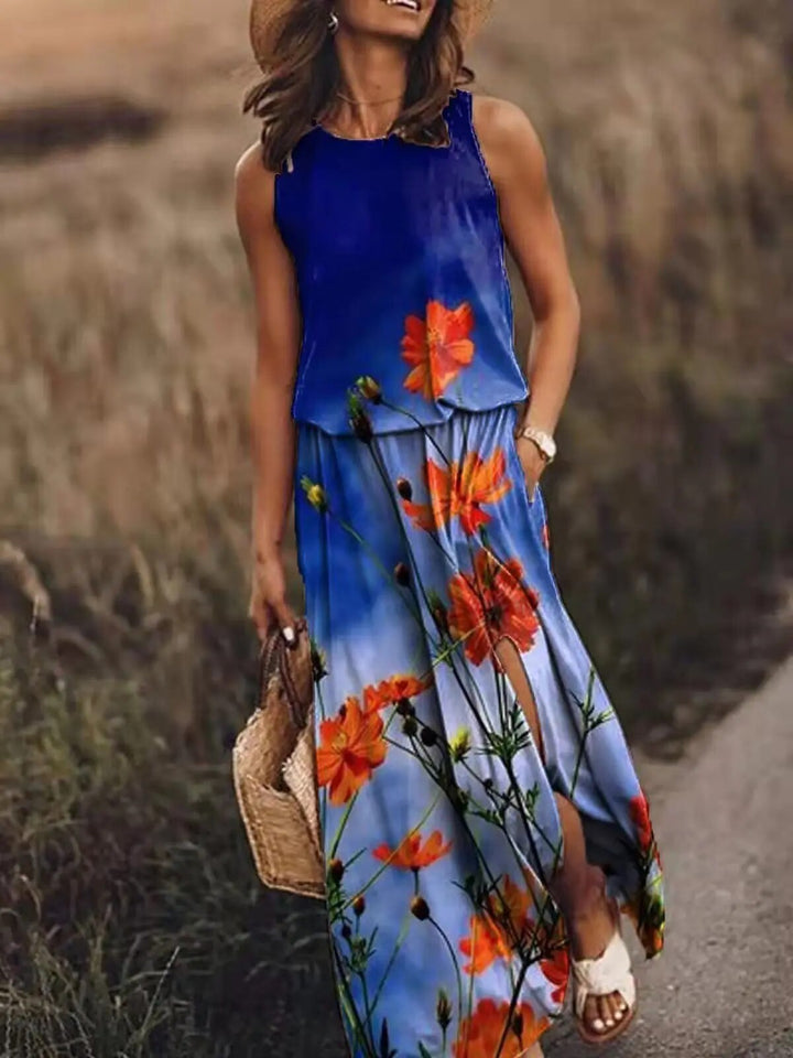Women's elegant sleeveless maxi dress front view; flowing design, flattering silhouette; perfect for any occasion.