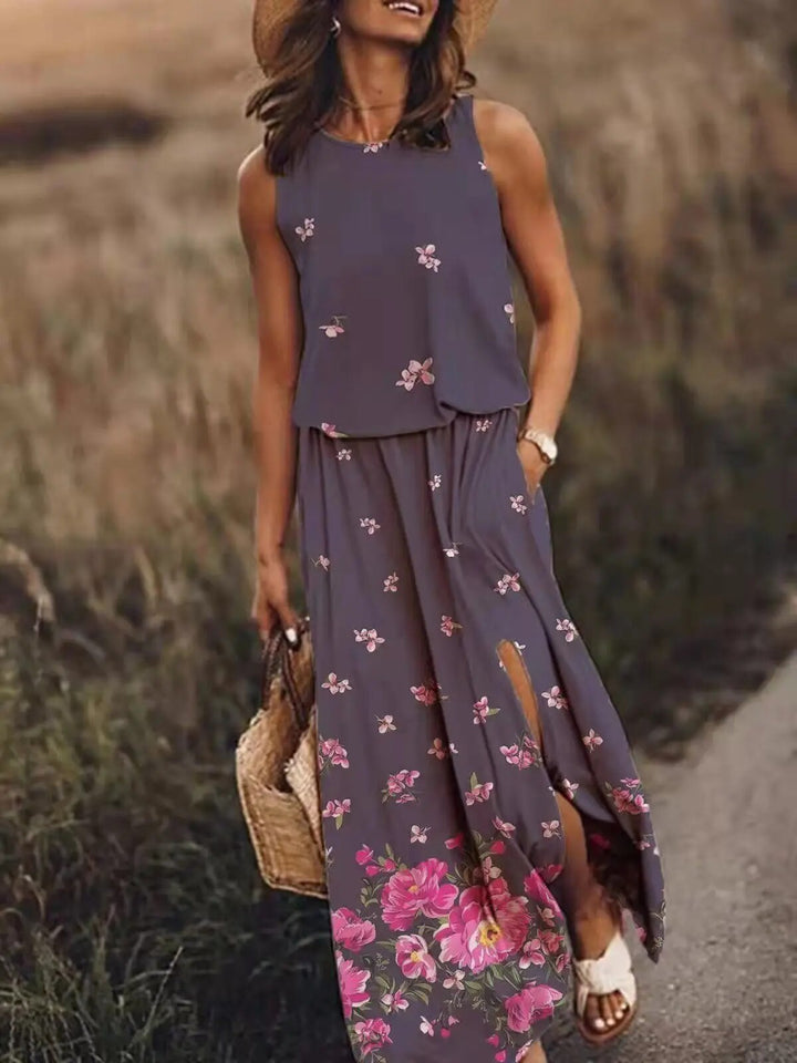 Women's elegant sleeveless maxi dress front view; flowing design, flattering silhouette; perfect for any occasion.