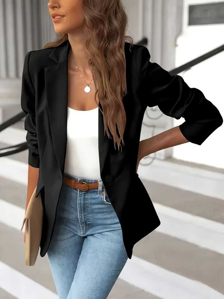"Women's elegant solid color business blazer with sleek design and versatile colors like black, blue, and white."