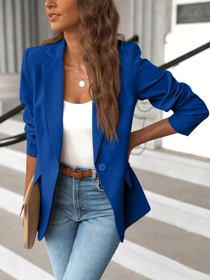 "Women's elegant solid color business blazer with sleek design and versatile colors like black, blue, and white."