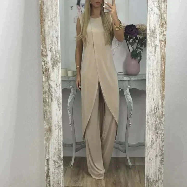 "Women's elegant two-piece set in soft cotton with chic design, versatile colors, perfect for casual or formal occasions."
