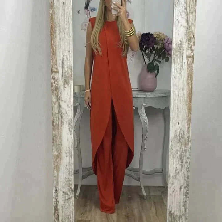 "Women's elegant two-piece set in soft cotton with chic design, versatile colors, perfect for casual or formal occasions."