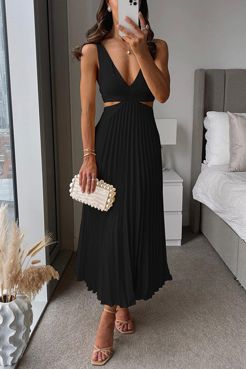 "Women's elegant V-neck pleated maxi dress with sleek design and flowing skirt, ideal for formal occasions."
