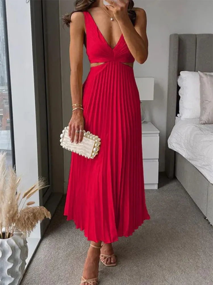 "Women's elegant V-neck pleated maxi dress with sleek design and flowing skirt, ideal for formal occasions."