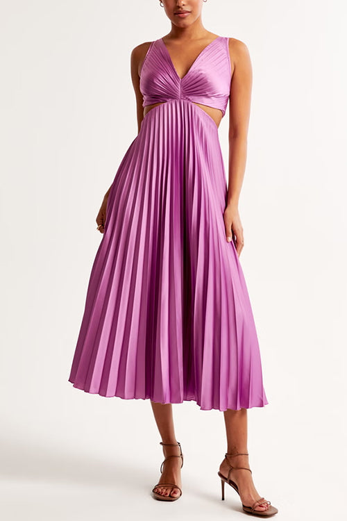 "Women's elegant V-neck pleated maxi dress with sleek design and flowing skirt, ideal for formal occasions."