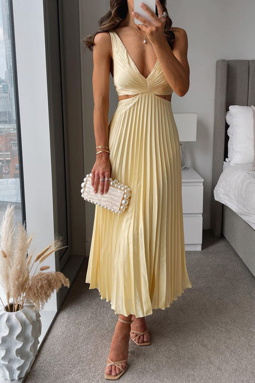 "Women's elegant V-neck pleated maxi dress with sleek design and flowing skirt, ideal for formal occasions."