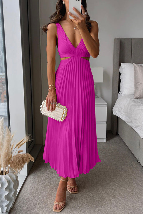 "Women's elegant V-neck pleated maxi dress with sleek design and flowing skirt, ideal for formal occasions."