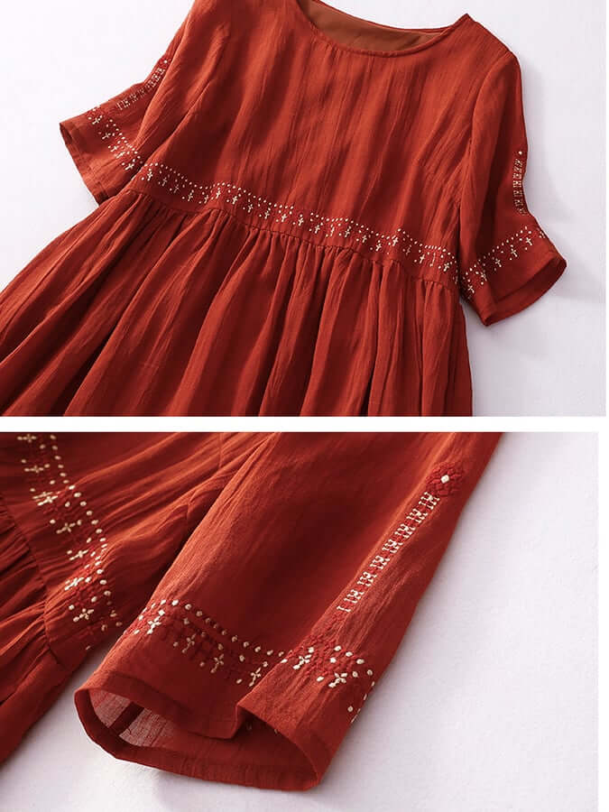 "Women's embroidered loose dress with cotton linen blend, intricate embroidery detailing, comfortable and elegant look."