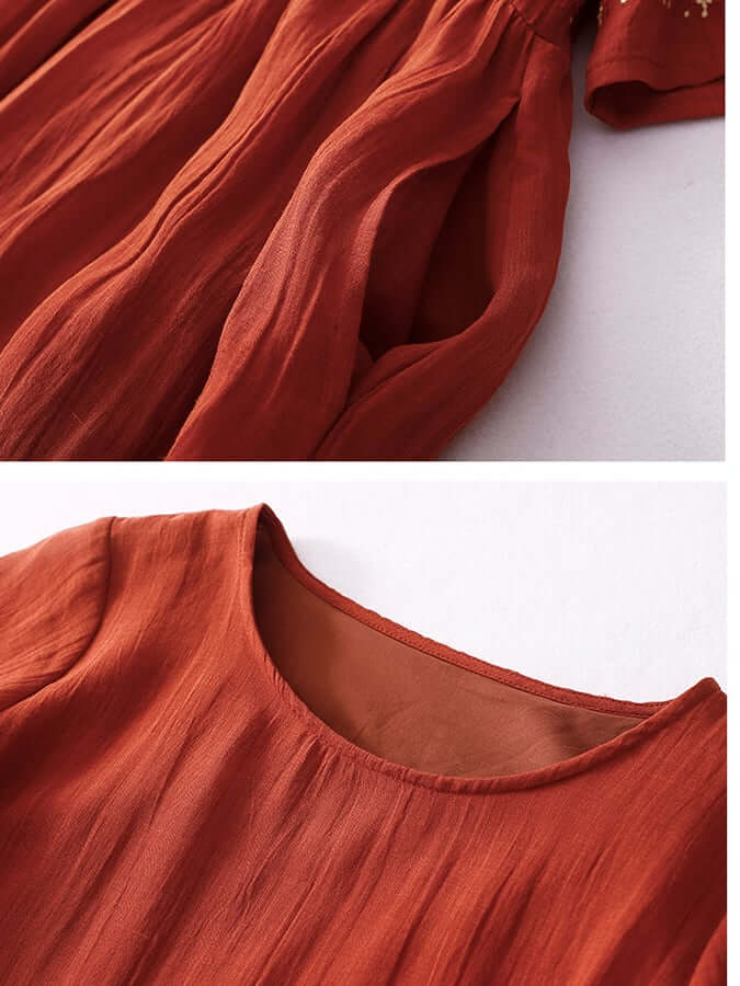 "Women's embroidered loose dress with cotton linen blend, intricate embroidery detailing, comfortable and elegant look."