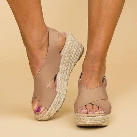 Women's espadrille open toe wedge sandals with crisscross straps, beige color, perfect for summer, casual and beach wear.