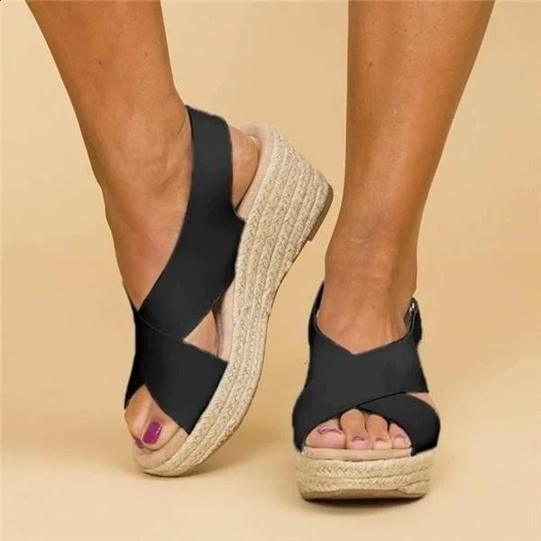 Women's espadrille open toe wedge sandals with crisscross straps, beige color, perfect for summer, casual and beach wear.