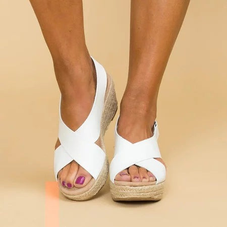 Women's espadrille open toe wedge sandals with crisscross straps, beige color, perfect for summer, casual and beach wear.