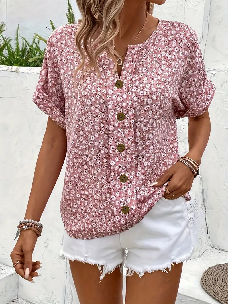 "Women's floral button-front casual blouse, short-sleeve, loose fit, charming print ideal for sunny days, versatile style."